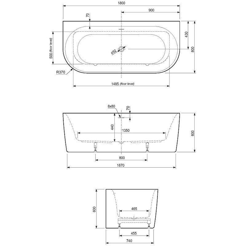 Акриловая ванна Cezares Metauro 180x80 METAURO-INT-Wall-180-80-60