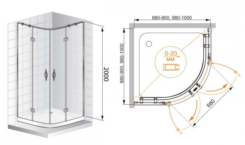 Душевой уголок Cezares Bergamo R-2 Arco 100x100 BERGAMO-W-R-2-100-ARCO-C-Cr-IV