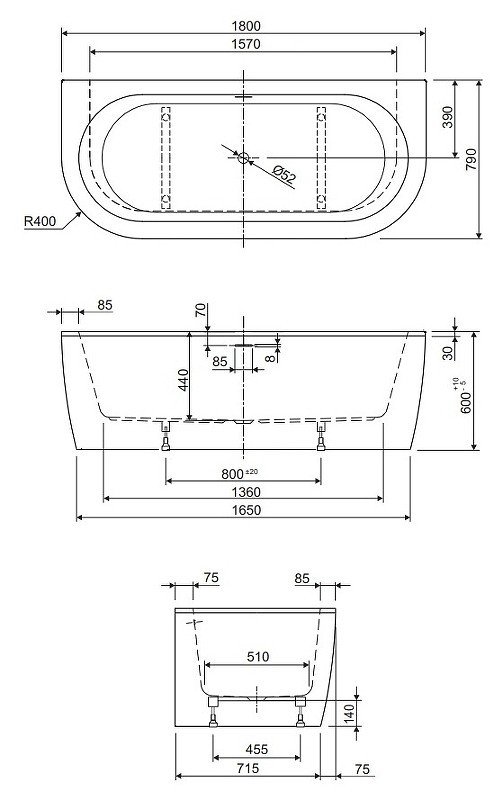 Акриловая ванна Cezares Slim 180x79 SLIM WALL-180-80-60-W37-SET
